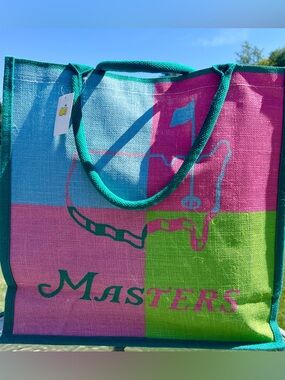 NEW Masters Augusta Golf Tote Jute Burlap bag green, pink & blue w/ Pocket